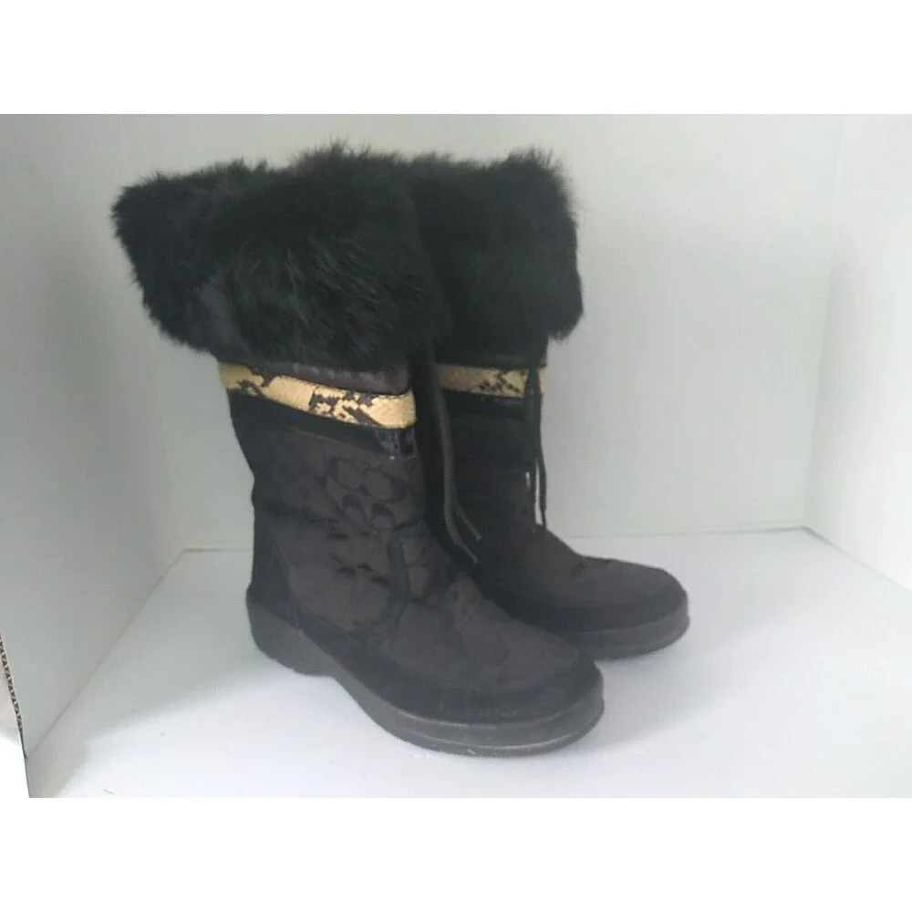 Coach Winter Boots Fur Trim Signature Logo Black Knee High Boots‎ Size 7
